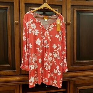 NWT Ruby Rd. Plus Sized Floral Tunic in Coral & White Size 2X